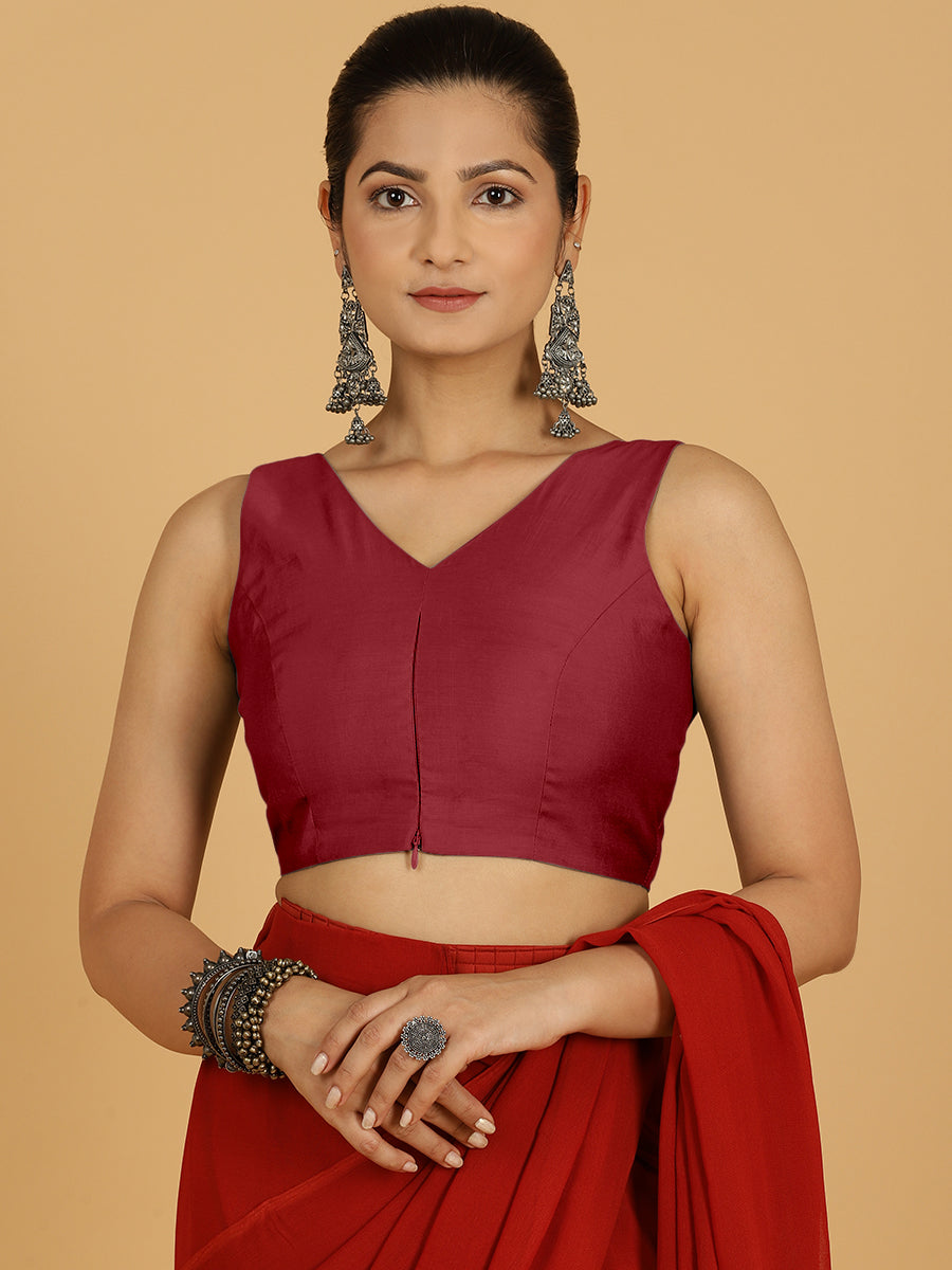 Hema x Rozaana Saree Blouse, in Red Viscose, featuring sleeveless and v-neckline, made for daily & work (view 5).