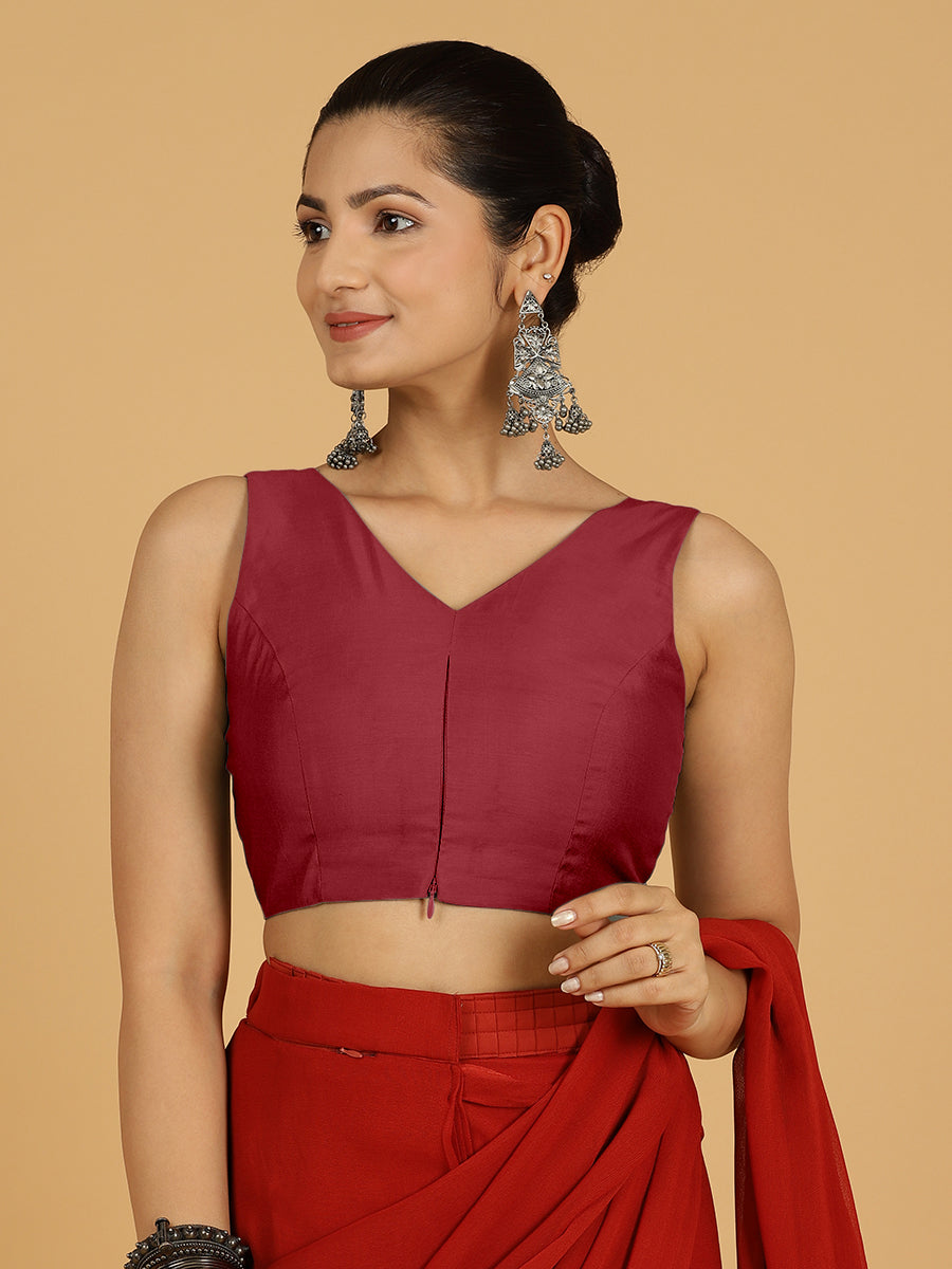 Hema x Rozaana Saree Blouse, in Red Viscose, featuring sleeveless and v-neckline, made for daily & work (view 6).