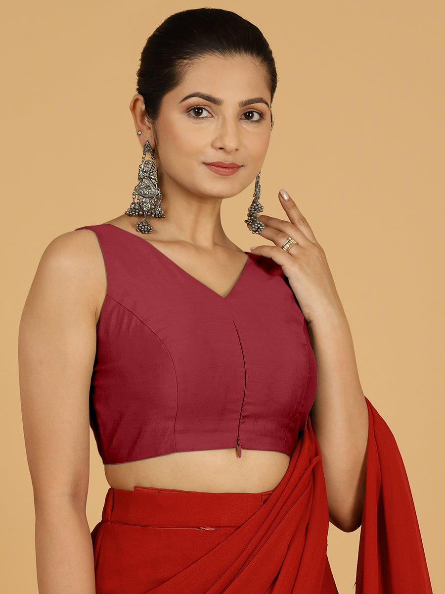 Hema x Rozaana Saree Blouse, in Red Viscose, featuring sleeveless and v-neckline, made for daily & work (view 7).