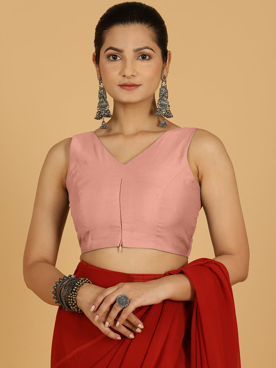 Hema x Rozaana Saree Blouse, in Pink Viscose, featuring sleeveless and v-neckline, made for daily & work (view 5).
