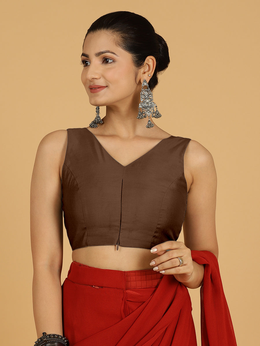 Hema x Rozaana Saree Blouse, in Brown Viscose, featuring sleeveless and v-neckline, made for daily & work (view 6).