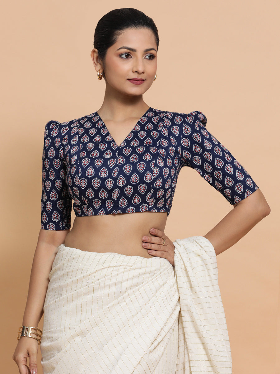 Hina x Rozaana | Elbow Sleeves Cotton Saree Blouse in Indigo Blue Spade Block Print Fabric