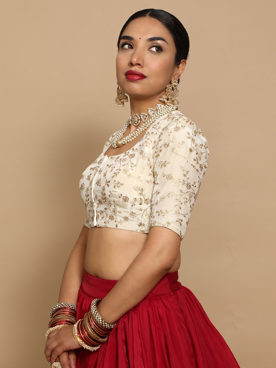 Hiral x Tyohaar Saree Blouse, in Cream Embroidery & Brocade, featuring elbow sleeves and pot neckline (view 6).