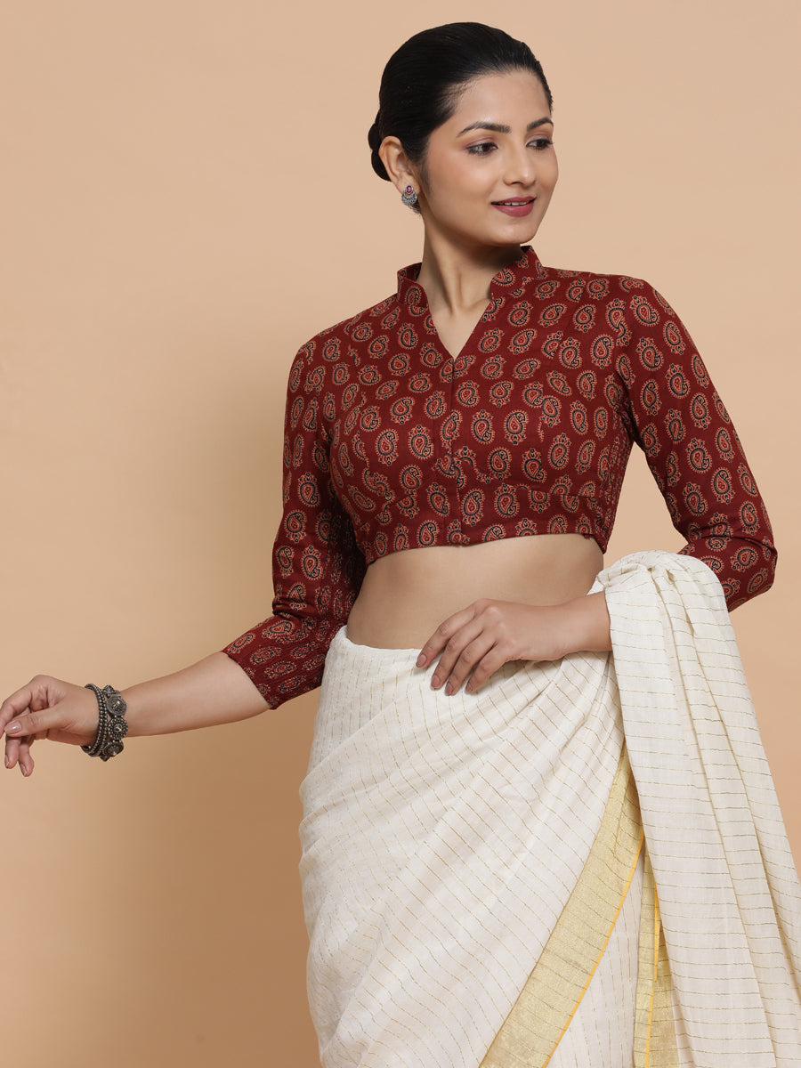 Inaaya x Rozaana Saree Blouse, in Red Cotton, featuring three quarter sleeves and mandarin collar neckline.