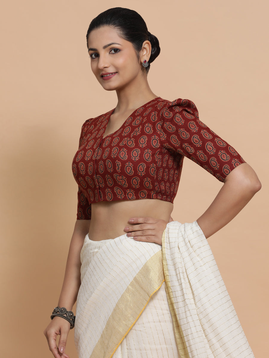 Indira x Rozaana Saree Blouse, in Red Cotton, featuring elbow sleeves and v-neckline, made for daily & work (view 5).