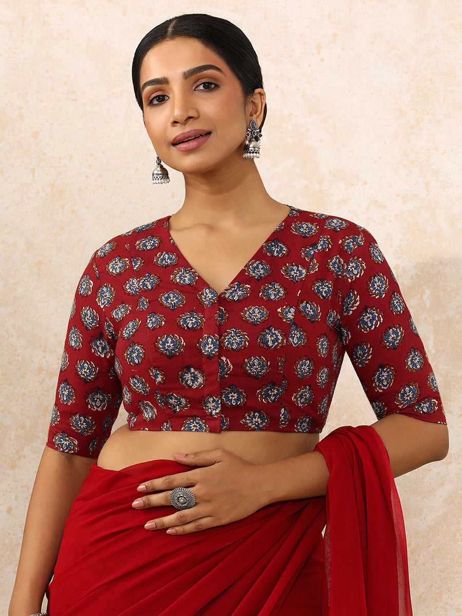 Indu x Rozaana Saree Blouse, in Red 100% Cotton - Block Printed, featuring elbow sleeves and v-neckline.