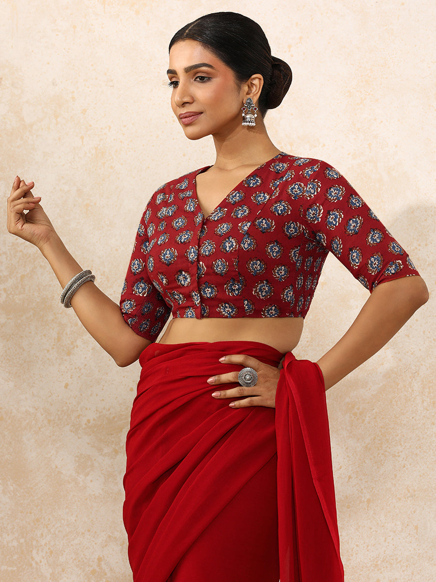 Indu x Rozaana Saree Blouse, in Red 100% Cotton - Block Printed, featuring elbow sleeves and v-neckline (view 6).