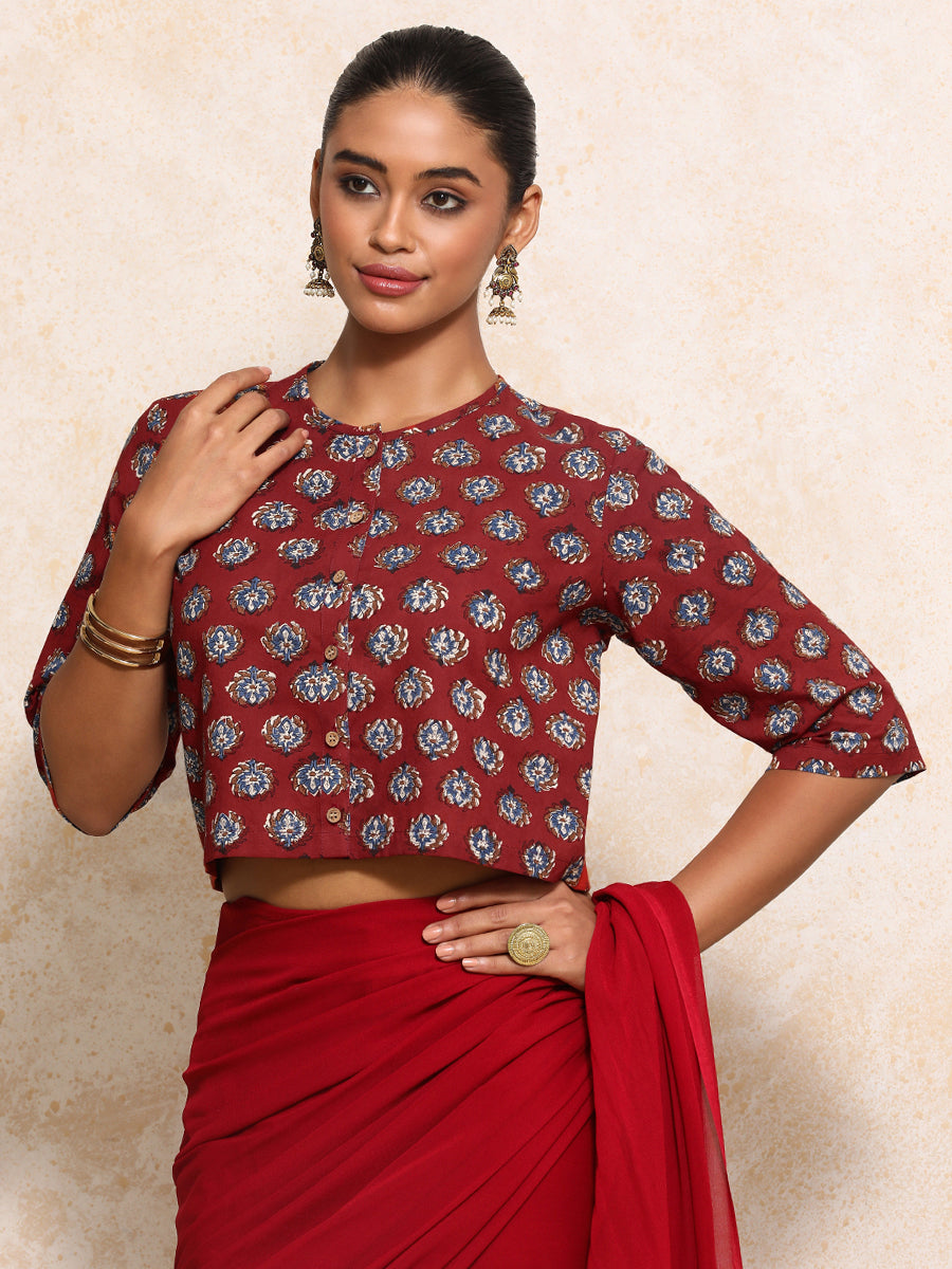 Ishanya x Rozaana Saree Blouse, in Red 100% Cotton - Block Printed, featuring elbow sleeves and jewel neckline.