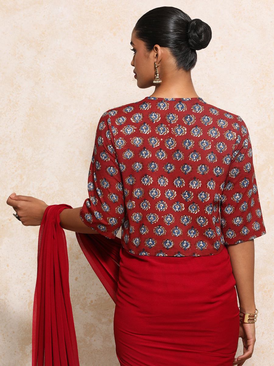 Ishanya x Rozaana Saree Blouse, in Red 100% Cotton - Block Printed, featuring elbow sleeves and jewel neckline (view 2).