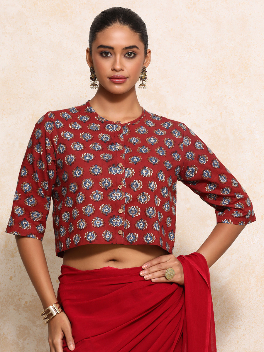 Ishanya x Rozaana Saree Blouse, in Red 100% Cotton - Block Printed, featuring elbow sleeves and jewel neckline (view 4).