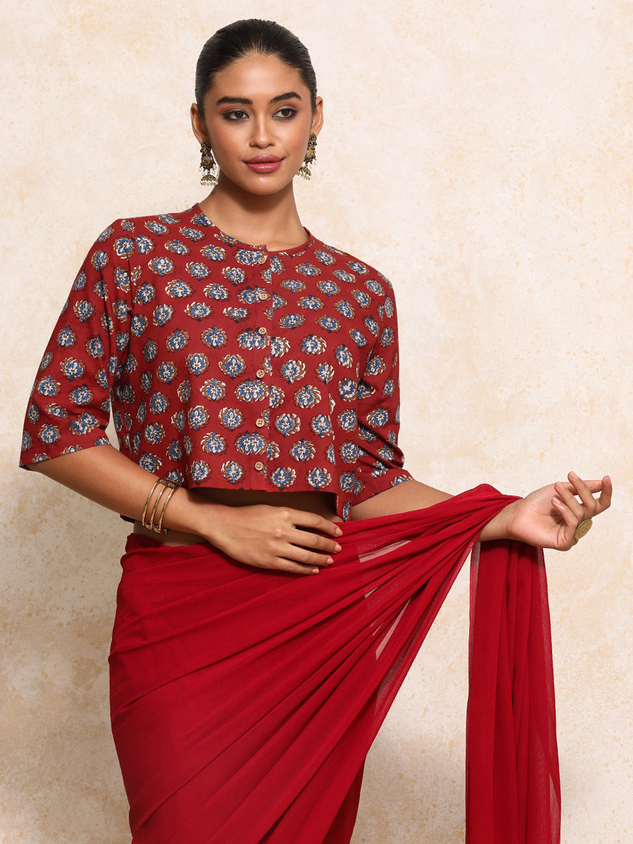Ishanya x Rozaana Saree Blouse, in Red 100% Cotton - Block Printed, featuring elbow sleeves and jewel neckline (view 5).