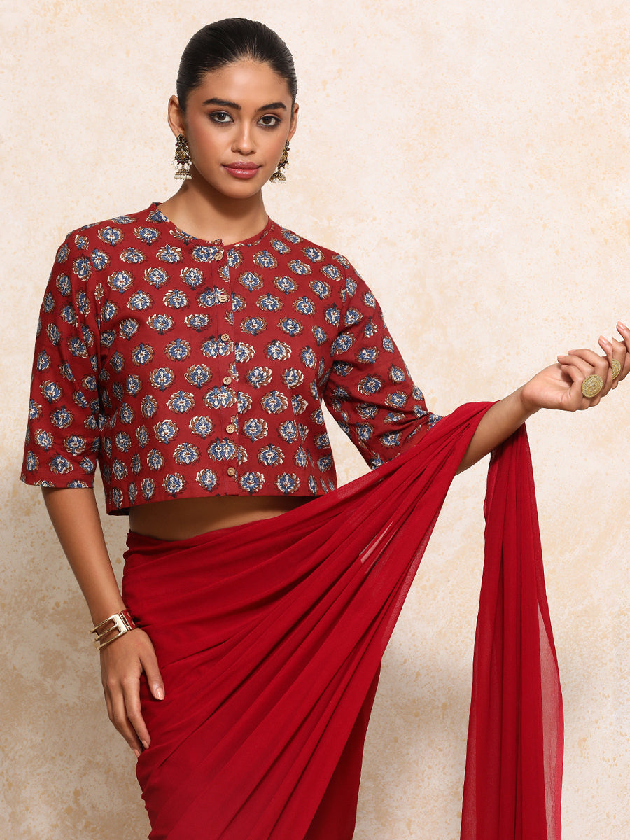 Ishanya x Rozaana Saree Blouse, in Red 100% Cotton - Block Printed, featuring elbow sleeves and jewel neckline (view 7).