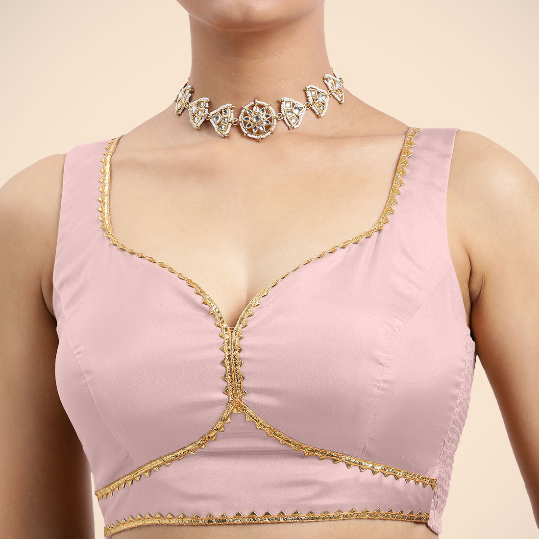 Ishika x Tyohaar Saree Blouse, in Pink Artificial Silk, featuring sleeveless and sweetheart neckline (view 6).