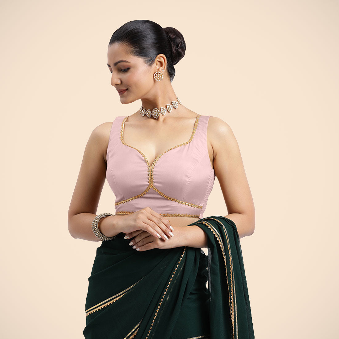Ishika x Tyohaar Saree Blouse, in Pink Artificial Silk, featuring sleeveless and sweetheart neckline (view 7).