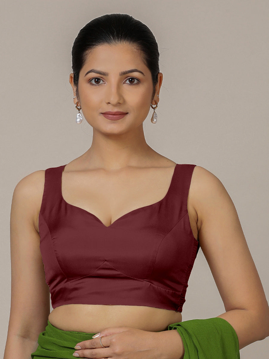 Ishika x Rozaana Saree Blouse, in Maroon Vegan Silk, featuring sleeveless and sweetheart neckline, made for party & festive.
