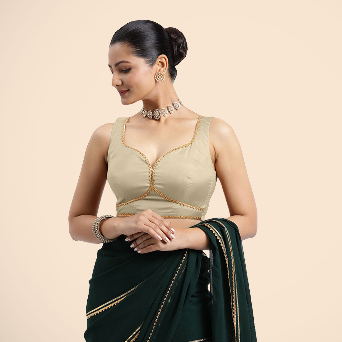 Ishika x Tyohaar Saree Blouse, in Cream Vegan Silk, featuring sleeveless and sweetheart neckline, made for party & festive.