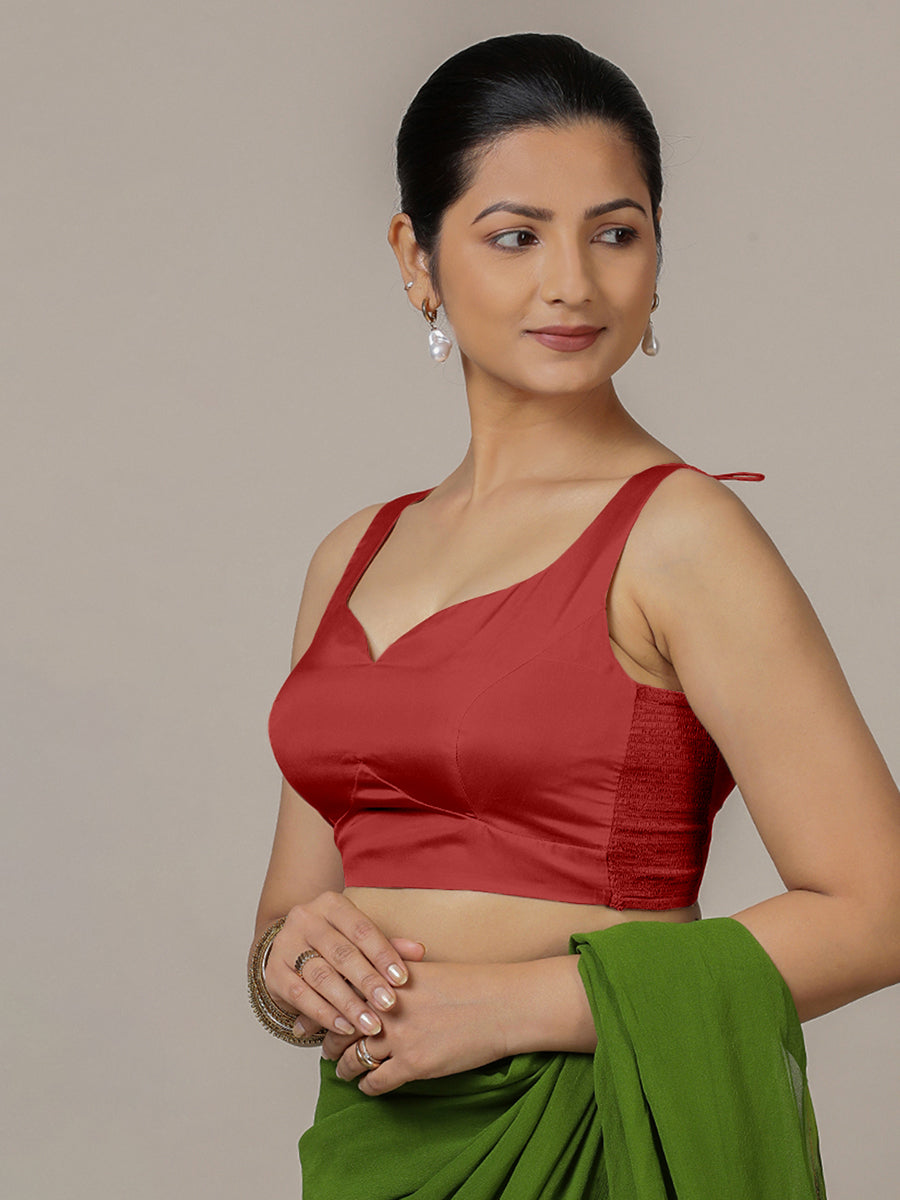 Ishika x Rozaana Saree Blouse, in Red Vegan Silk, featuring sleeveless and sweetheart neckline, made for party & festive.