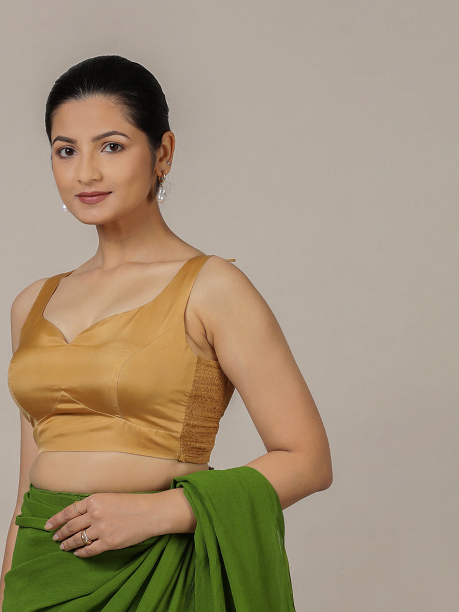 Ishika x Rozaana Saree Blouse, in Gold Vegan Silk, featuring sleeveless and sweetheart neckline, made for party & festive.