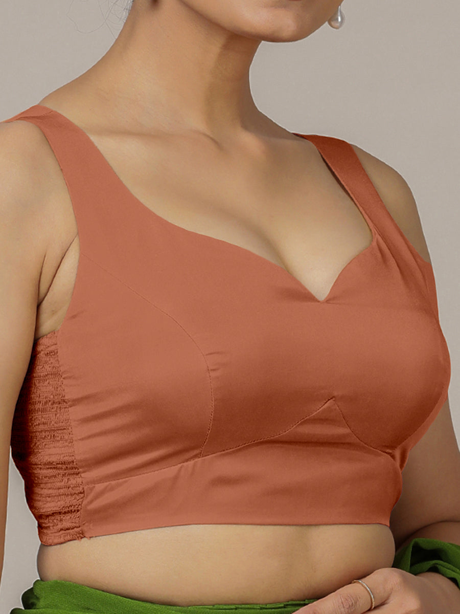 Ishika x Rozaana Saree Blouse, in Copper Vegan Silk, featuring sleeveless and sweetheart neckline, made for party & festive.