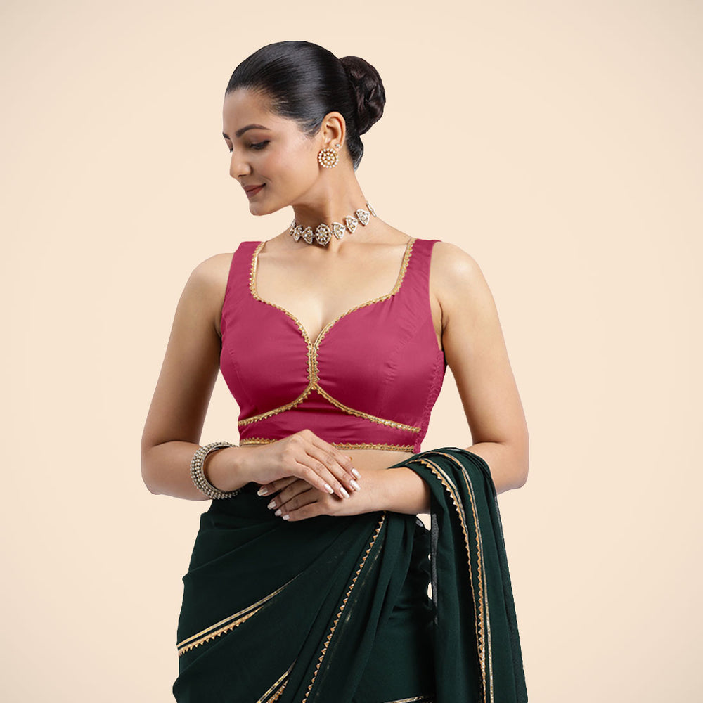 Ishika x Tyohaar | Rani Pink Sleeveless FlexiFit™ Saree Blouse with Beetle Leaf Neckline with Golden Gota Lace and Back Cut-out with Tie-Up