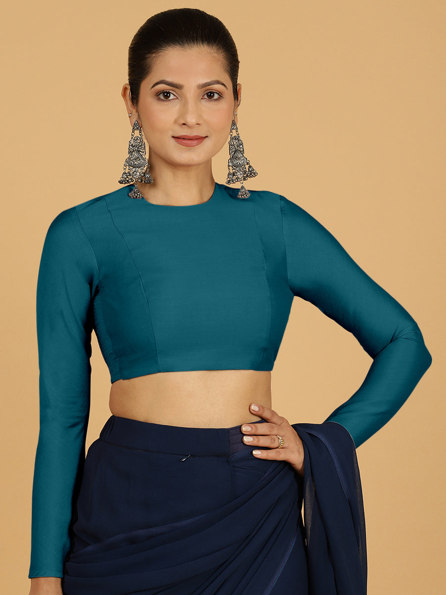 Jaya x Rozaana Saree Blouse, in Blue Viscose, featuring full sleeves and jewel neckline, made for daily & work.