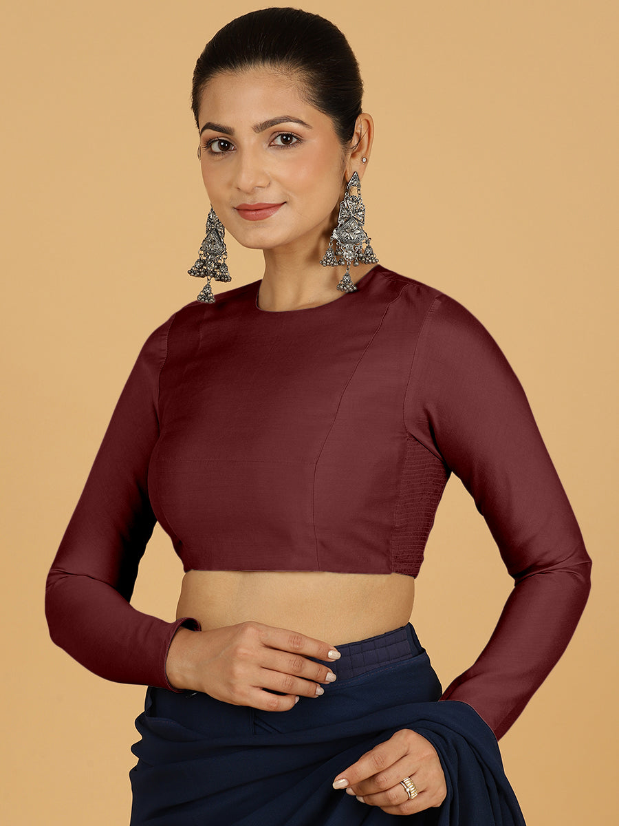 Jaya x Rozaana Saree Blouse, in Maroon Viscose, featuring full sleeves and jewel neckline, made for daily & work (view 6).