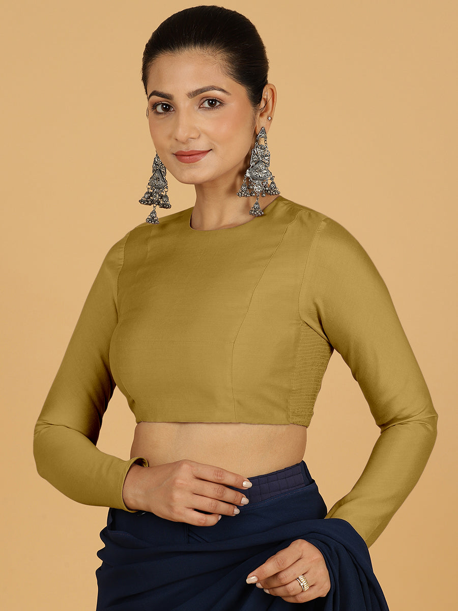 Jaya x Rozaana Saree Blouse, in Yellow Viscose, featuring full sleeves and jewel neckline, made for daily & work (view 5).