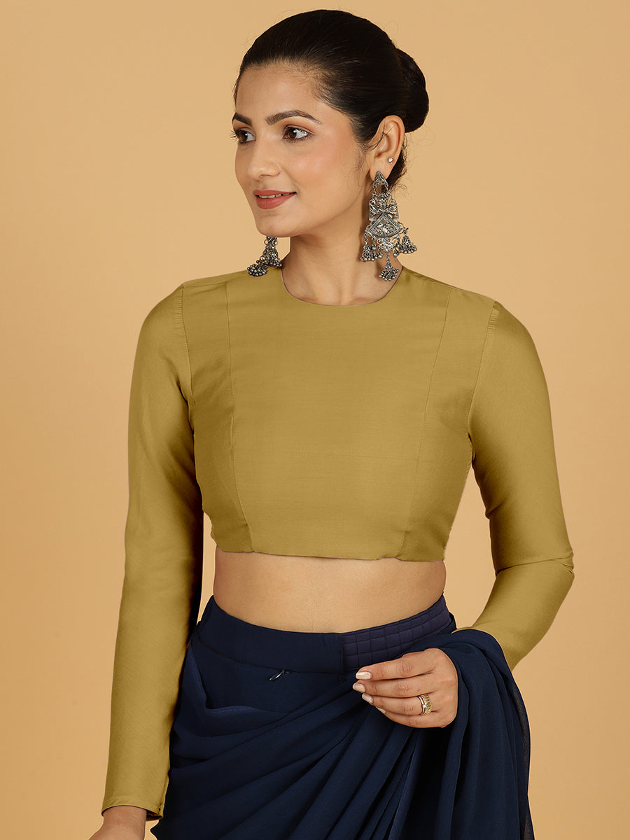Jaya x Rozaana Saree Blouse, in Yellow Viscose, featuring full sleeves and jewel neckline, made for daily & work (view 6).