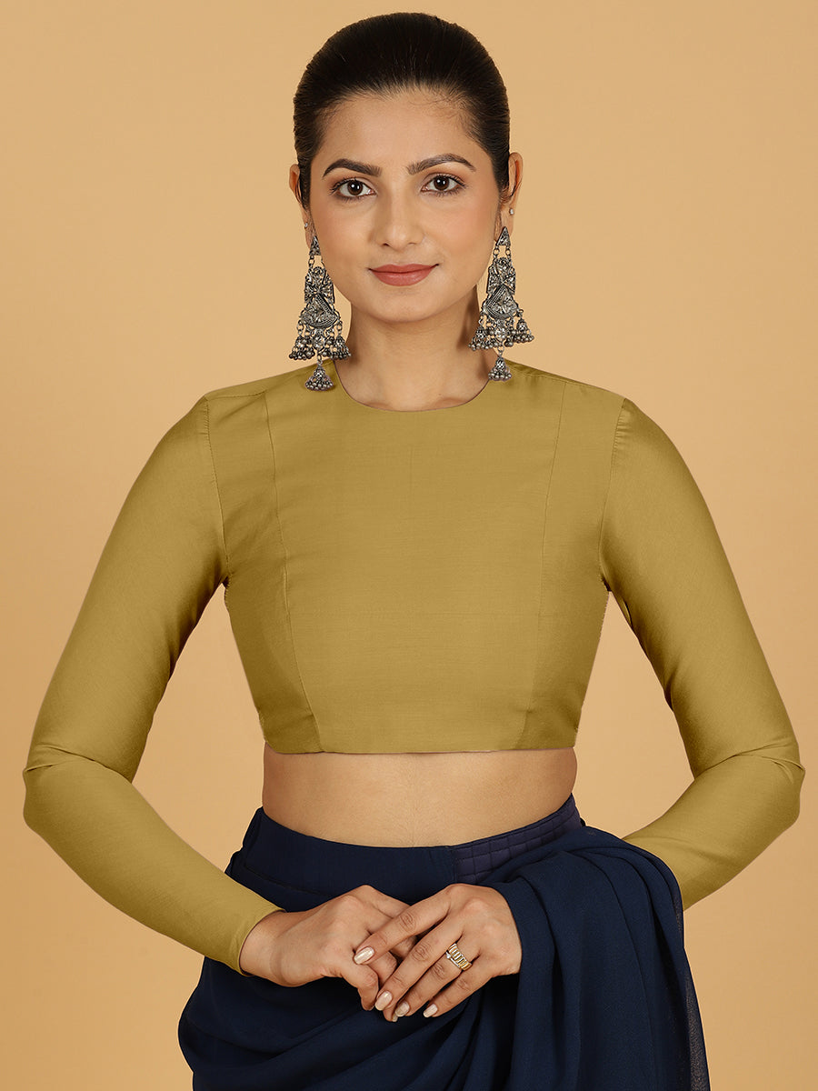 Jaya x Rozaana Saree Blouse, in Yellow Viscose, featuring full sleeves and jewel neckline, made for daily & work (view 7).