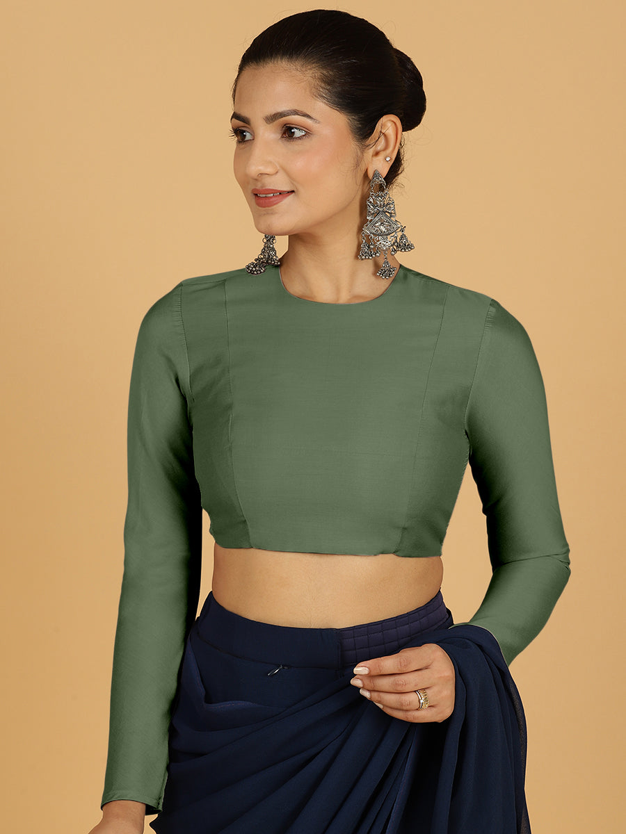 Jaya x Rozaana Saree Blouse, in Green Viscose, featuring full sleeves and jewel neckline, made for daily & work.