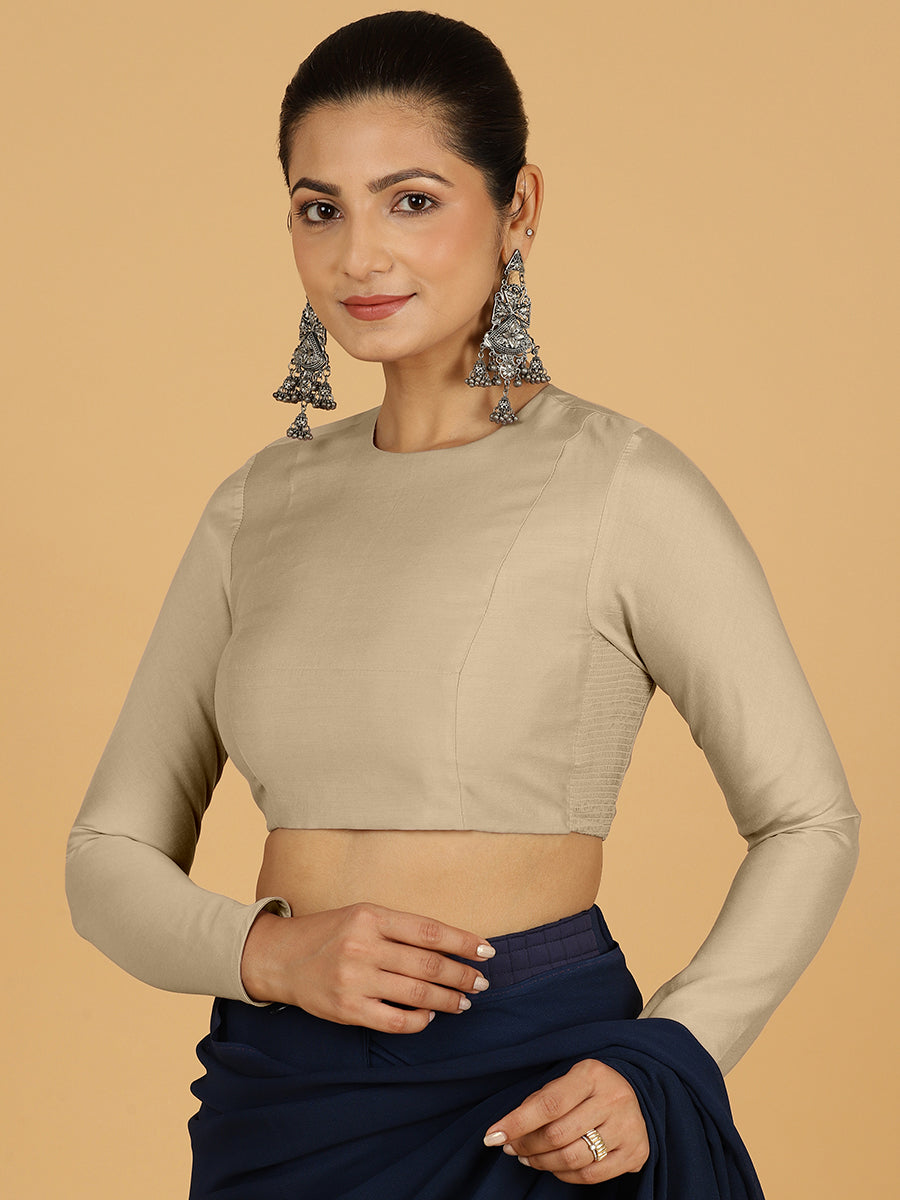 Jaya x Rozaana Saree Blouse, in Grey Viscose, featuring full sleeves and jewel neckline, made for daily & work (view 6).