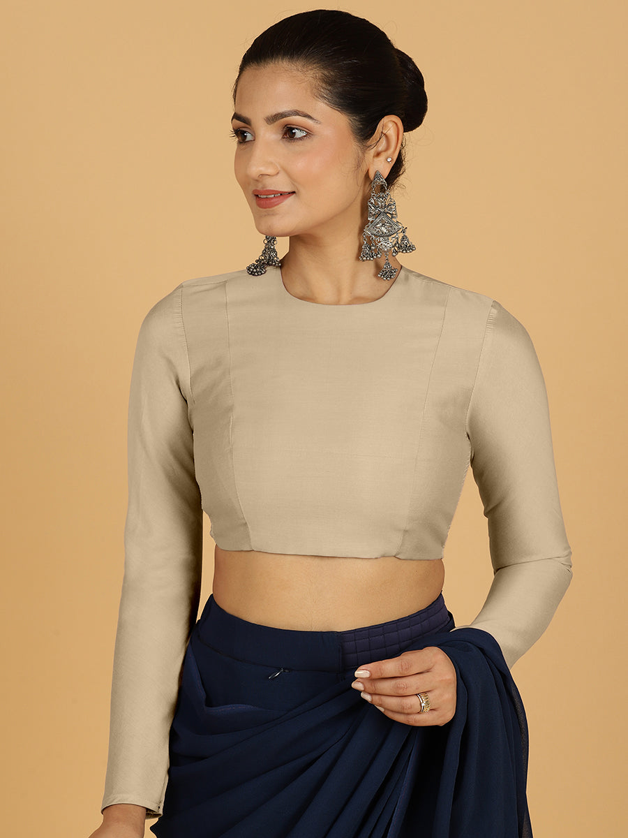 Jaya x Rozaana Saree Blouse, in Grey Viscose, featuring full sleeves and jewel neckline, made for daily & work (view 7).
