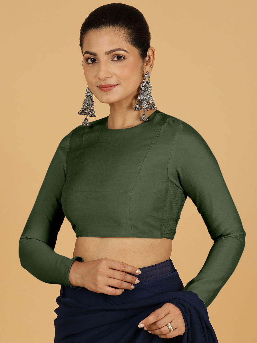 Jaya x Rozaana Saree Blouse, in Green Viscose, featuring full sleeves and jewel neckline, made for daily & work.