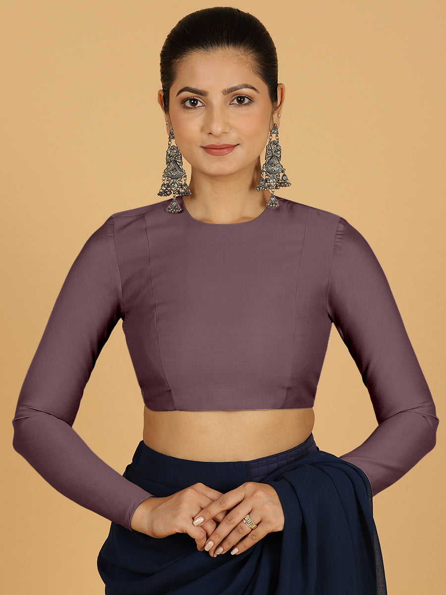 Jaya x Rozaana Saree Blouse, in Purple Viscose, featuring full sleeves and jewel neckline, made for daily & work (view 7).