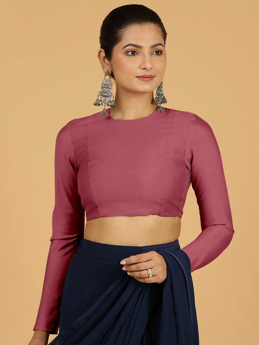 Jaya x Rozaana Saree Blouse, in Pink Viscose, featuring full sleeves and jewel neckline, made for daily & work.
