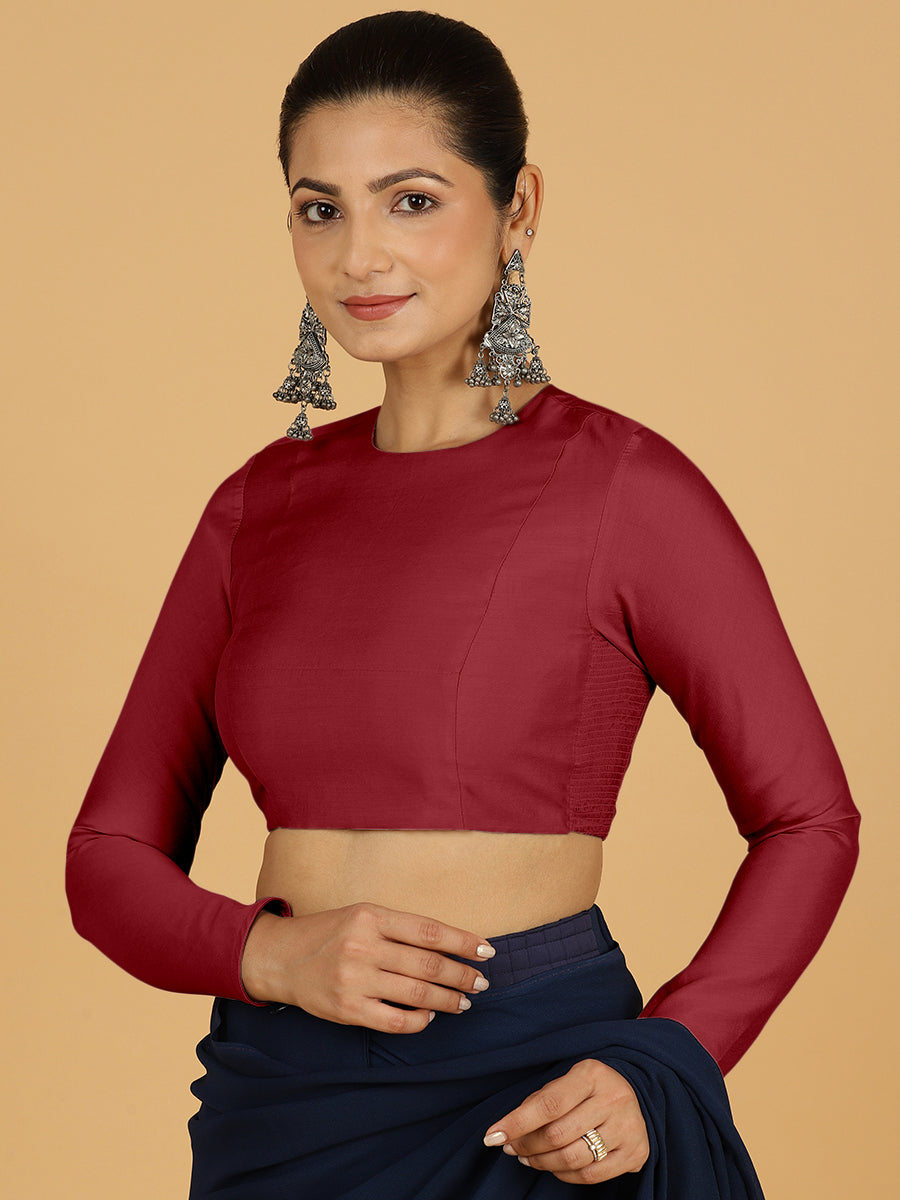 Jaya x Rozaana Saree Blouse, in Red Viscose, featuring full sleeves and jewel neckline, made for daily & work (view 7).