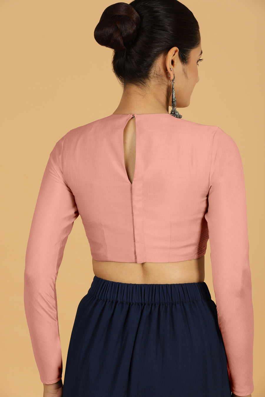 Jaya x Rozaana Saree Blouse, in Pink Viscose, featuring full sleeves and jewel neckline, made for daily & work (view 2).