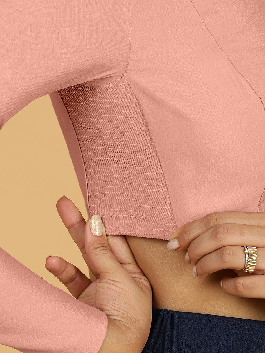 Jaya x Rozaana Saree Blouse, in Pink Viscose, featuring full sleeves and jewel neckline, made for daily & work (view 3).