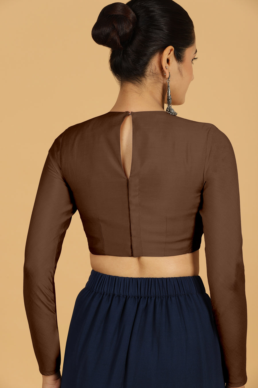 Jaya x Rozaana Saree Blouse, in Brown Viscose, featuring full sleeves and jewel neckline, made for daily & work (view 2).