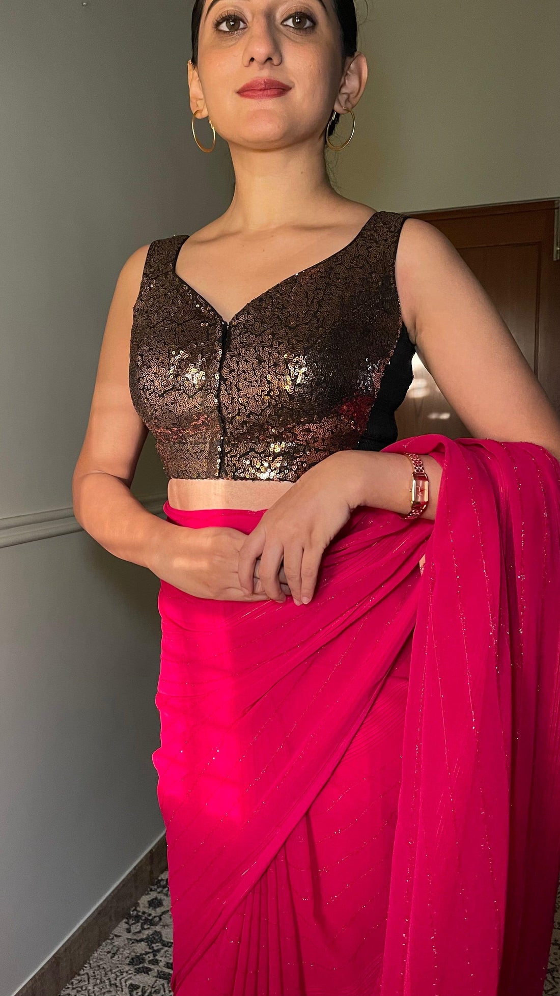 Jhanvi x Tyohaar Saree Blouse, in Gold Sequin, featuring sleeveless, made for party & festive.