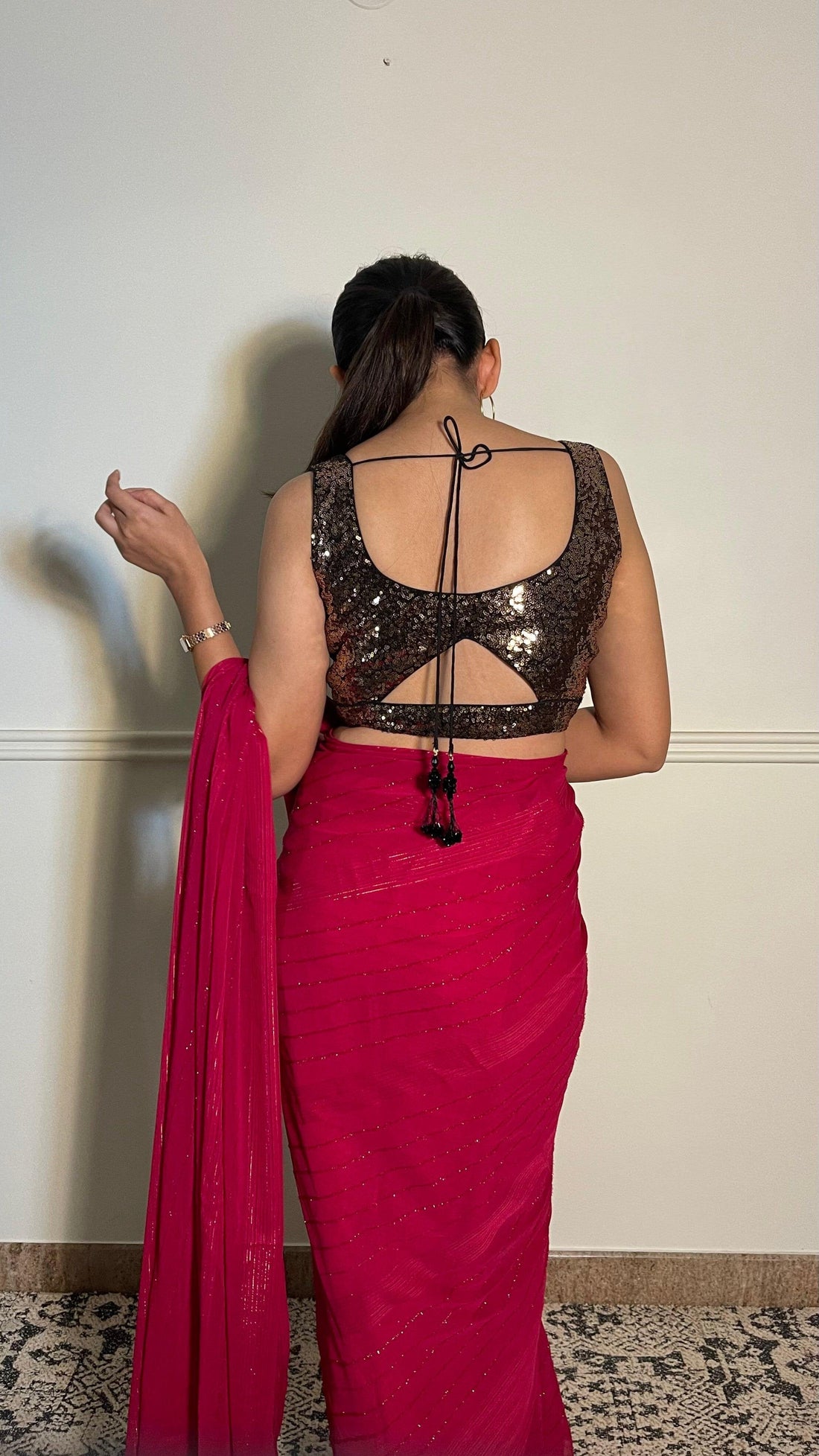 Jhanvi x Tyohaar Saree Blouse, in Gold Sequin, featuring sleeveless, made for party & festive (view 2).