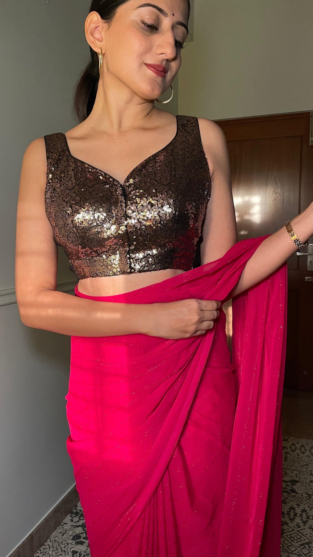 Jhanvi x Tyohaar Saree Blouse, in Gold Sequin, featuring sleeveless, made for party & festive (view 7).