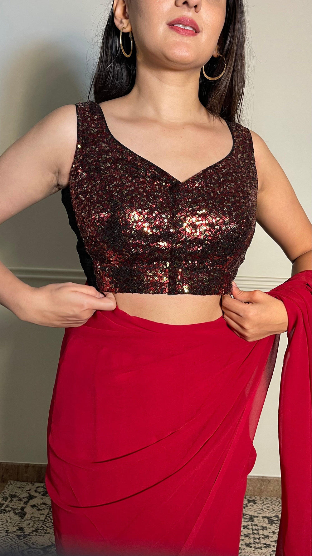 Jhanvi x Tyohaar | Sleeveless Black & Red Sequined Saree Blouse with Sweetheart Neck