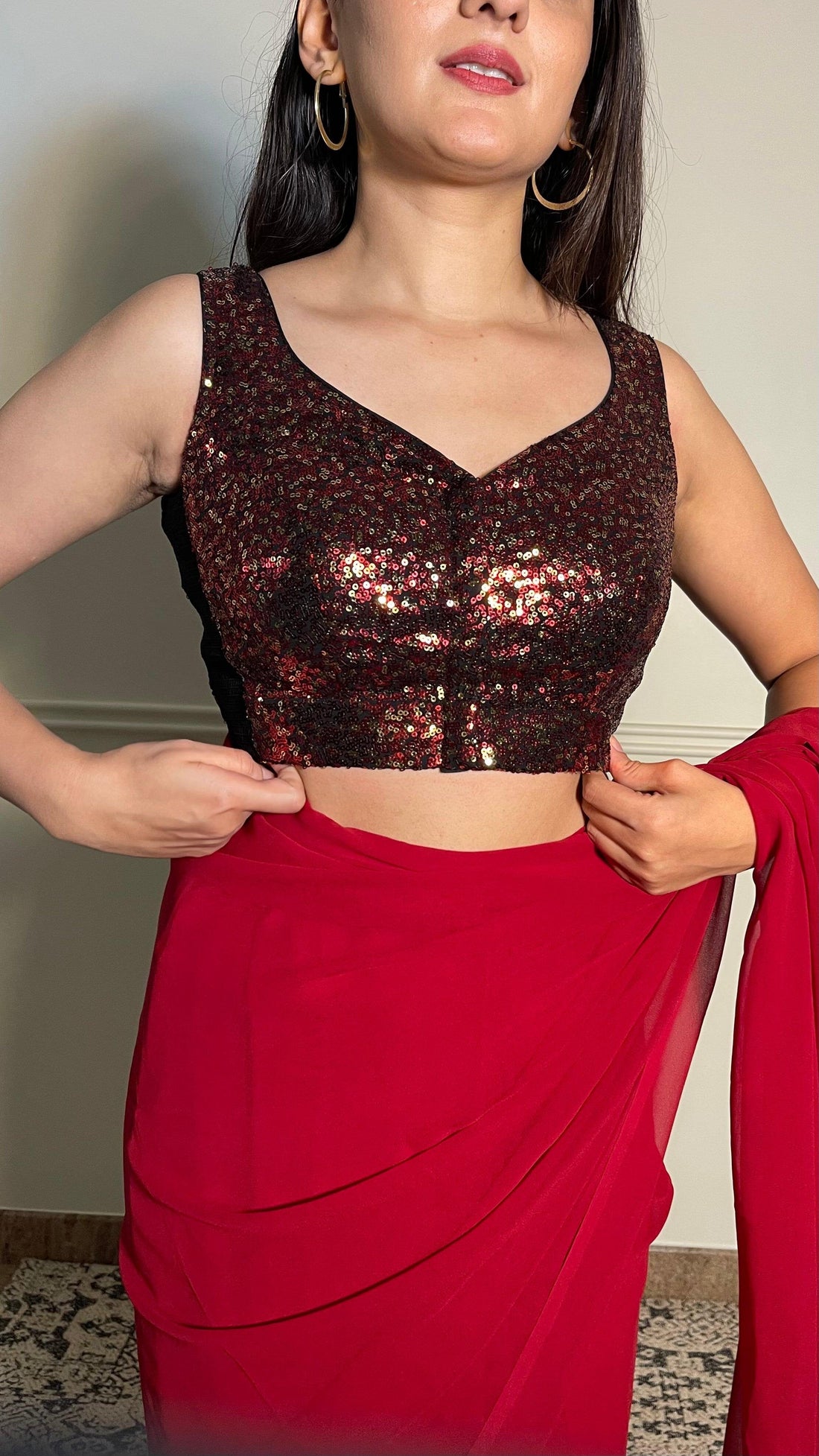 Jhanvi x Tyohaar Saree Blouse, in Red Sequin, featuring sleeveless, made for party & festive.