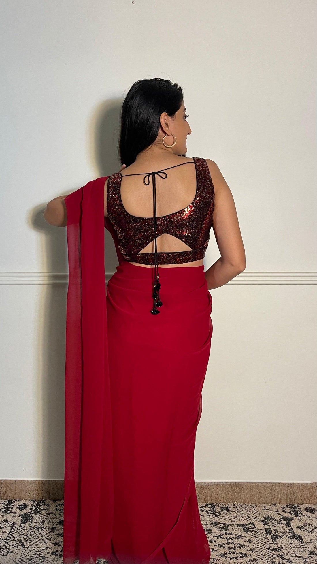 Jhanvi x Tyohaar Saree Blouse, in Red Sequin, featuring sleeveless, made for party & festive (view 2).