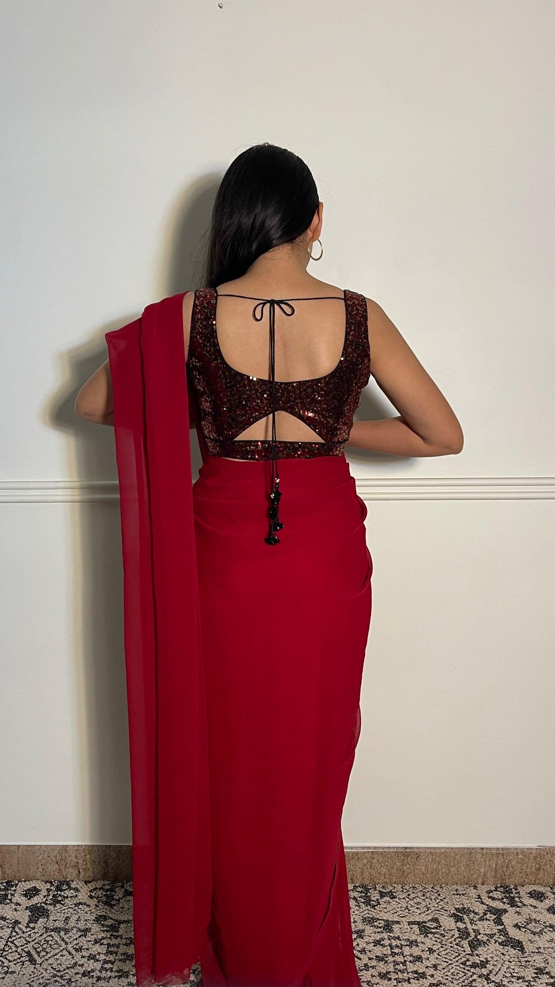 Jhanvi x Tyohaar Saree Blouse, in Red Sequin, featuring sleeveless, made for party & festive (view 3).