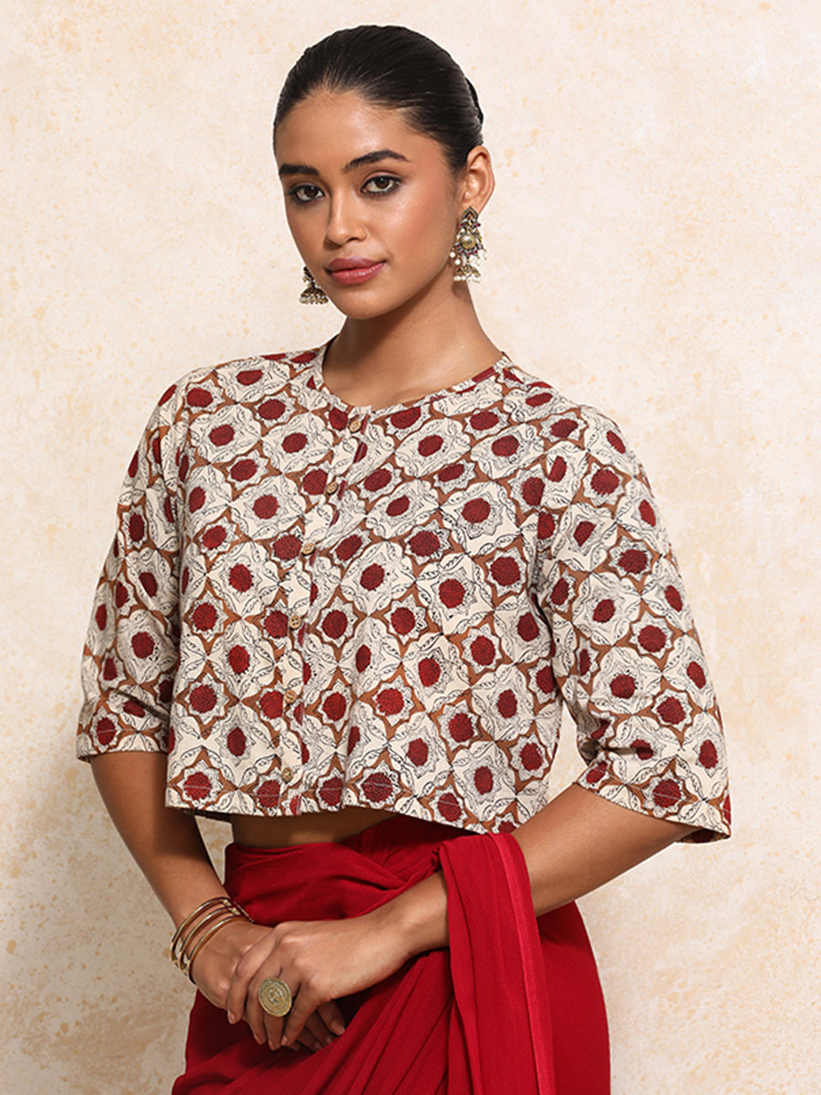 Jigisha x Rozaana Saree Blouse, in Cream 100% Cotton - Block Printed, featuring elbow sleeves and jewel neckline.