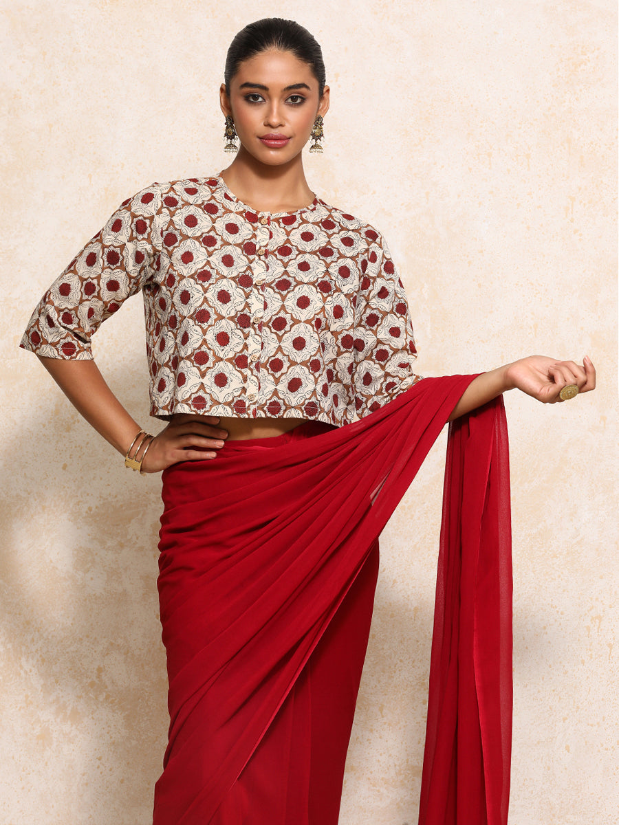 Jigisha x Rozaana Saree Blouse, in Cream 100% Cotton - Block Printed, featuring elbow sleeves and jewel neckline (view 4).