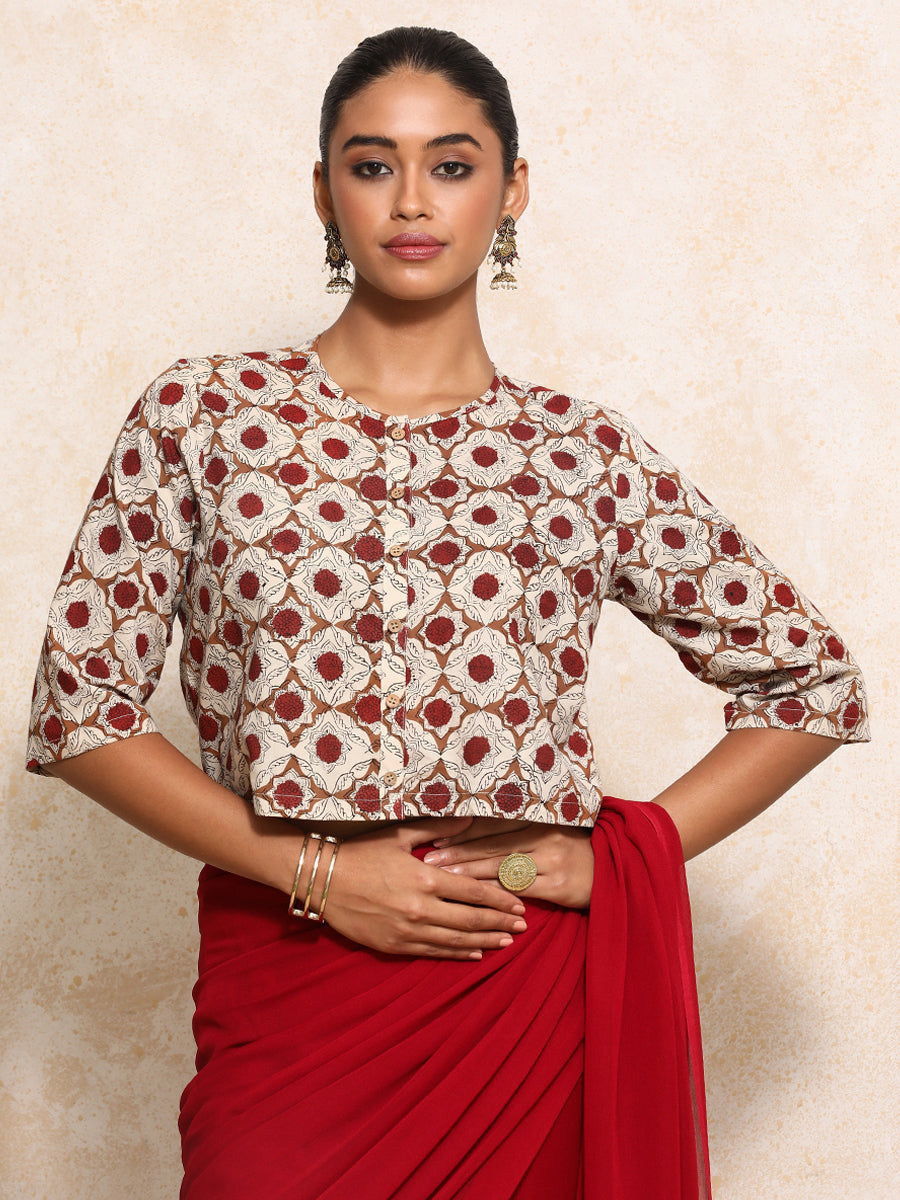 Jigisha x Rozaana Saree Blouse, in Cream 100% Cotton - Block Printed, featuring elbow sleeves and jewel neckline (view 6).