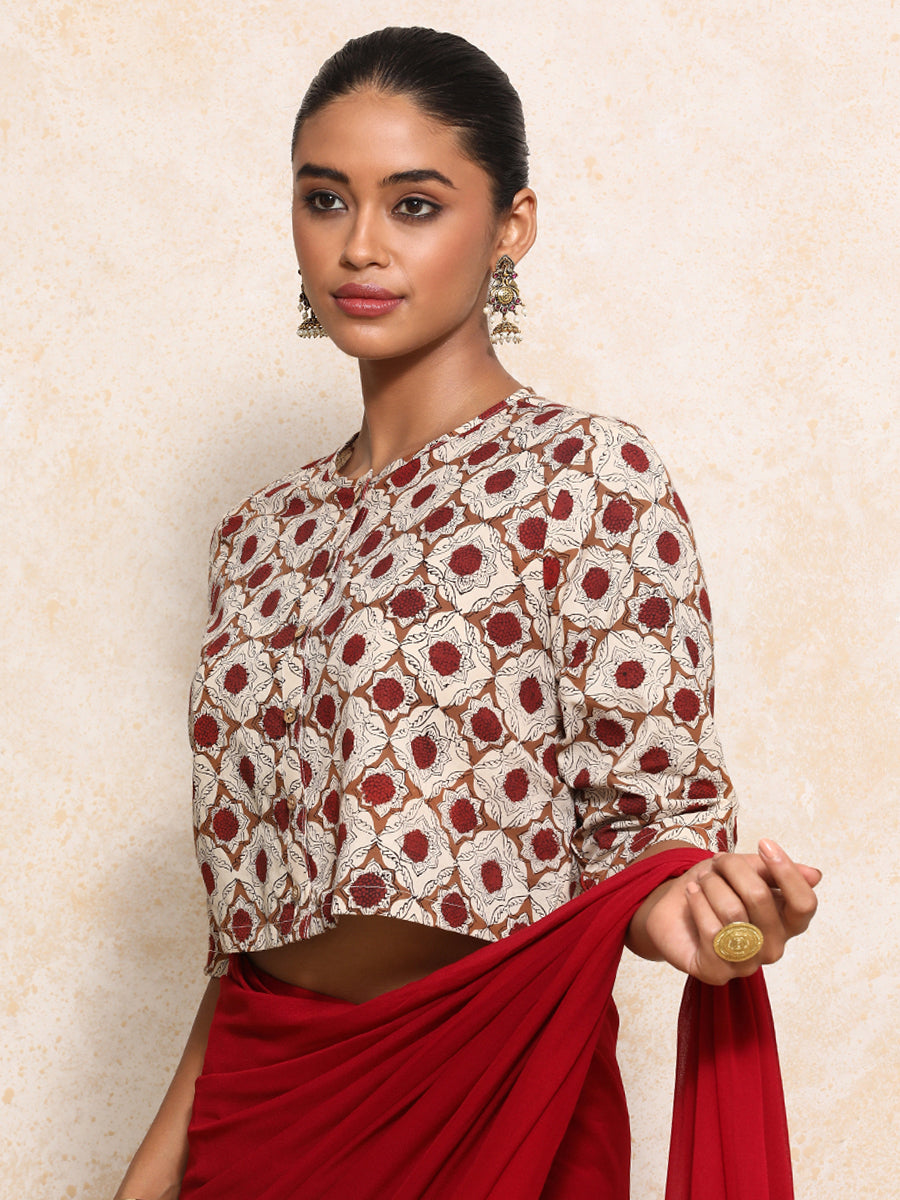 Jigisha x Rozaana Saree Blouse, in Cream 100% Cotton - Block Printed, featuring elbow sleeves and jewel neckline (view 7).
